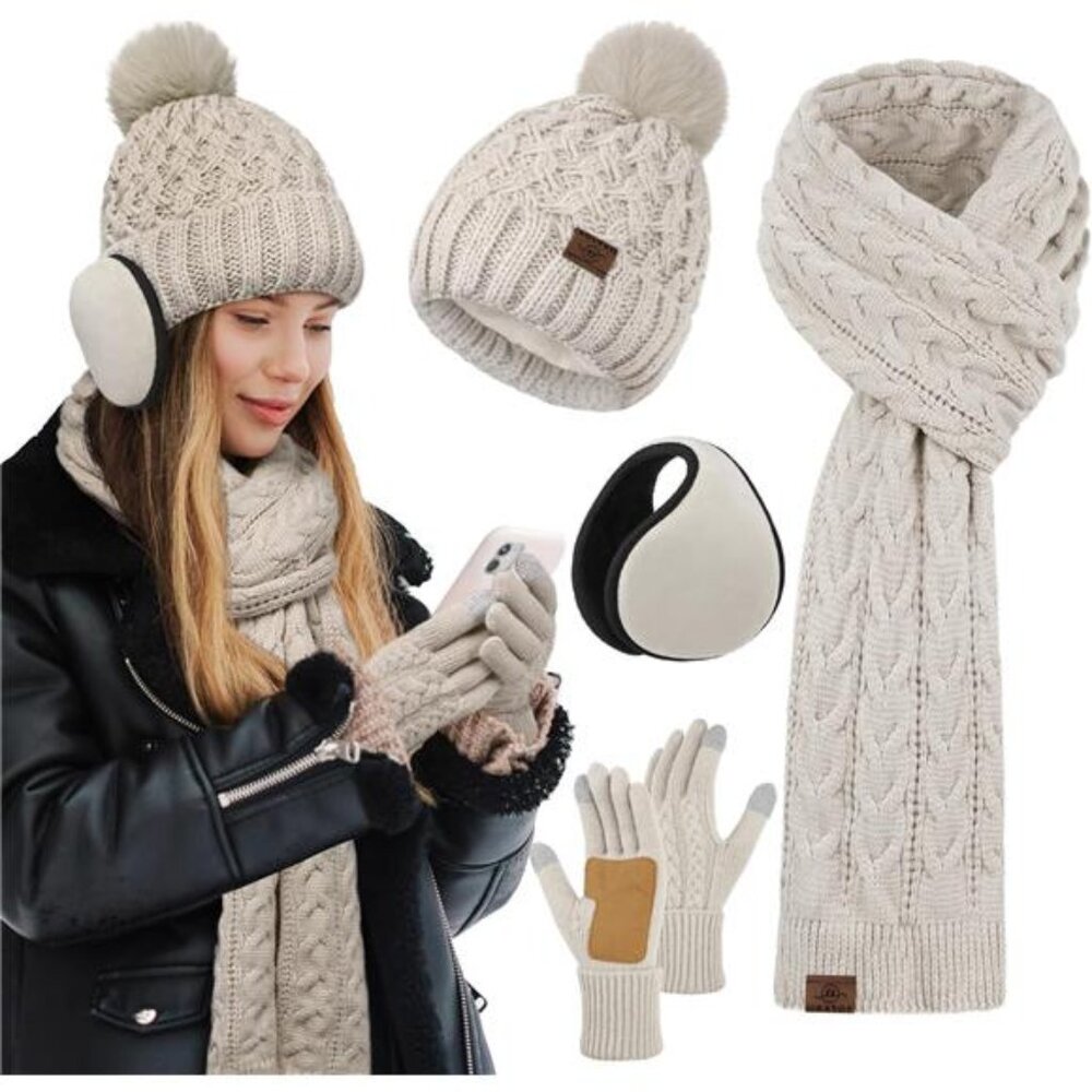 URATOT Women Winter Beanie Hat Scarf Gloves Ear Warmer 4 in 1 Set Beanie Pompom